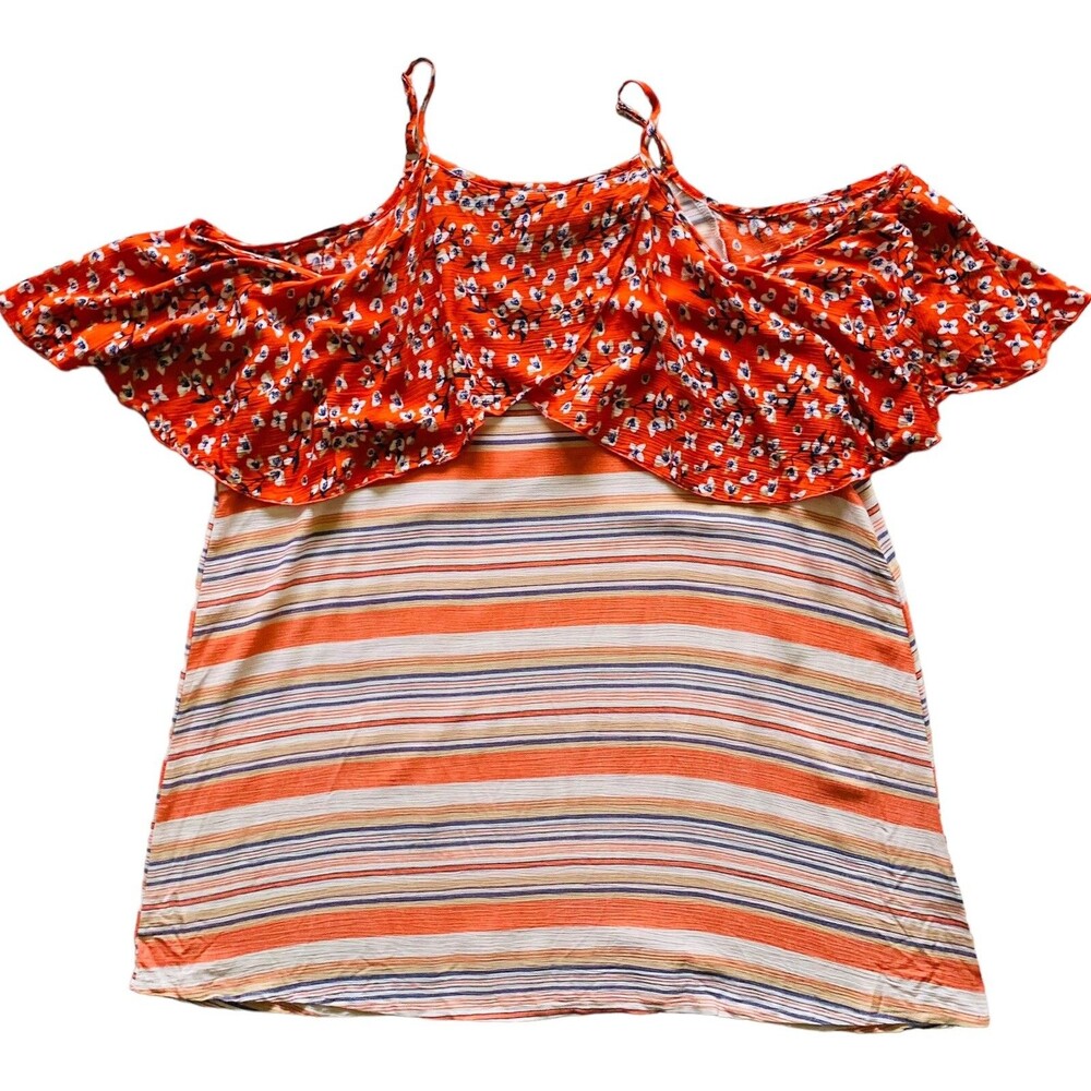 Grace & Emma Cold Shoulder Ruffle Top Womens 2XL NWT Orange Floral Striped Boho